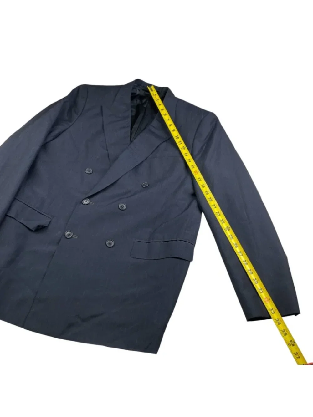VTG Bespoke Men's 100% Wool Double Breasted Blazer Navy w/Red Blue Stripes • 44L